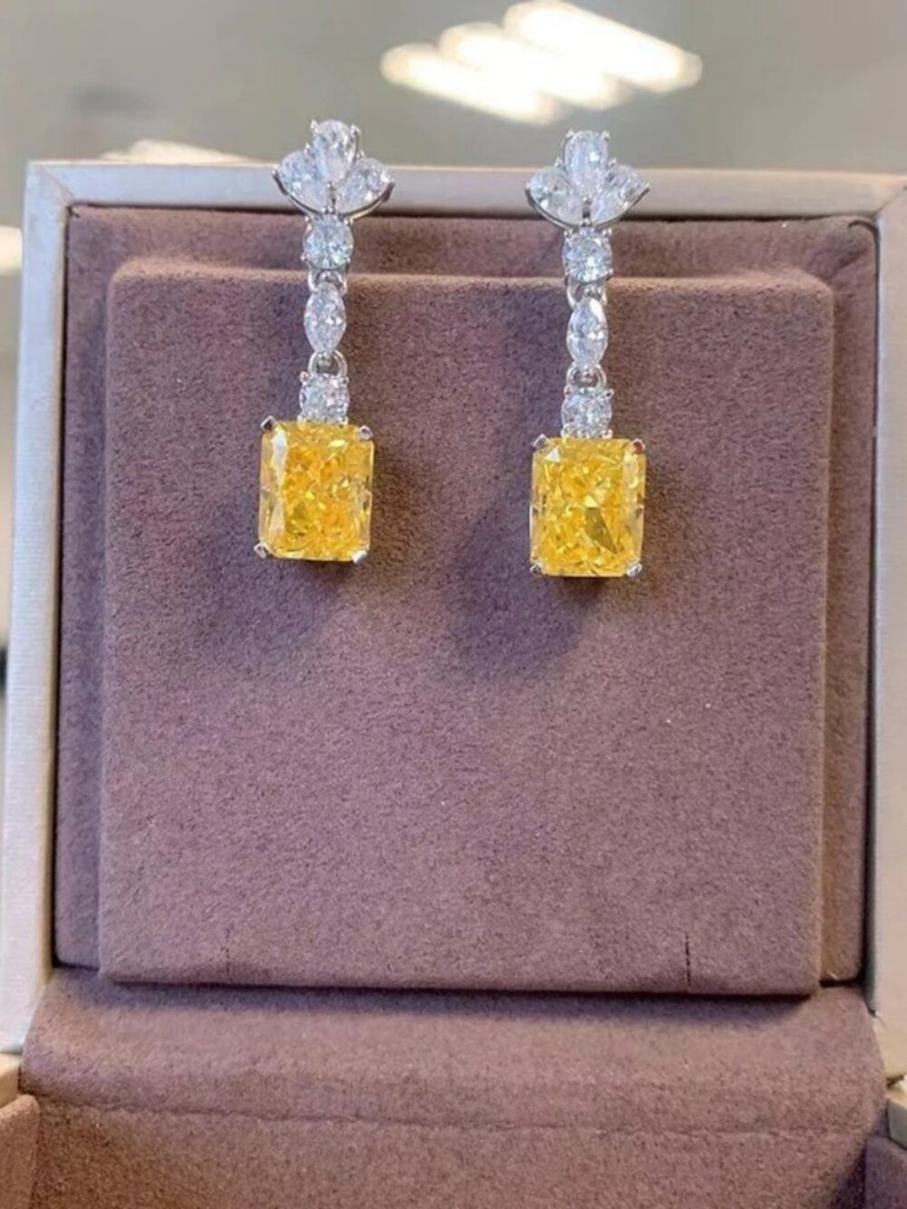 3-leafy Yellow Citrine Crystal Silver Long Dangle Drop Earring Women Famous Lux